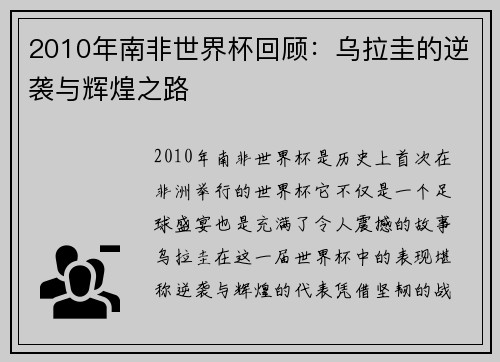 2010年南非世界杯回顾：乌拉圭的逆袭与辉煌之路