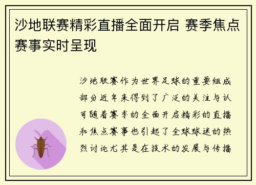 沙地联赛精彩直播全面开启 赛季焦点赛事实时呈现